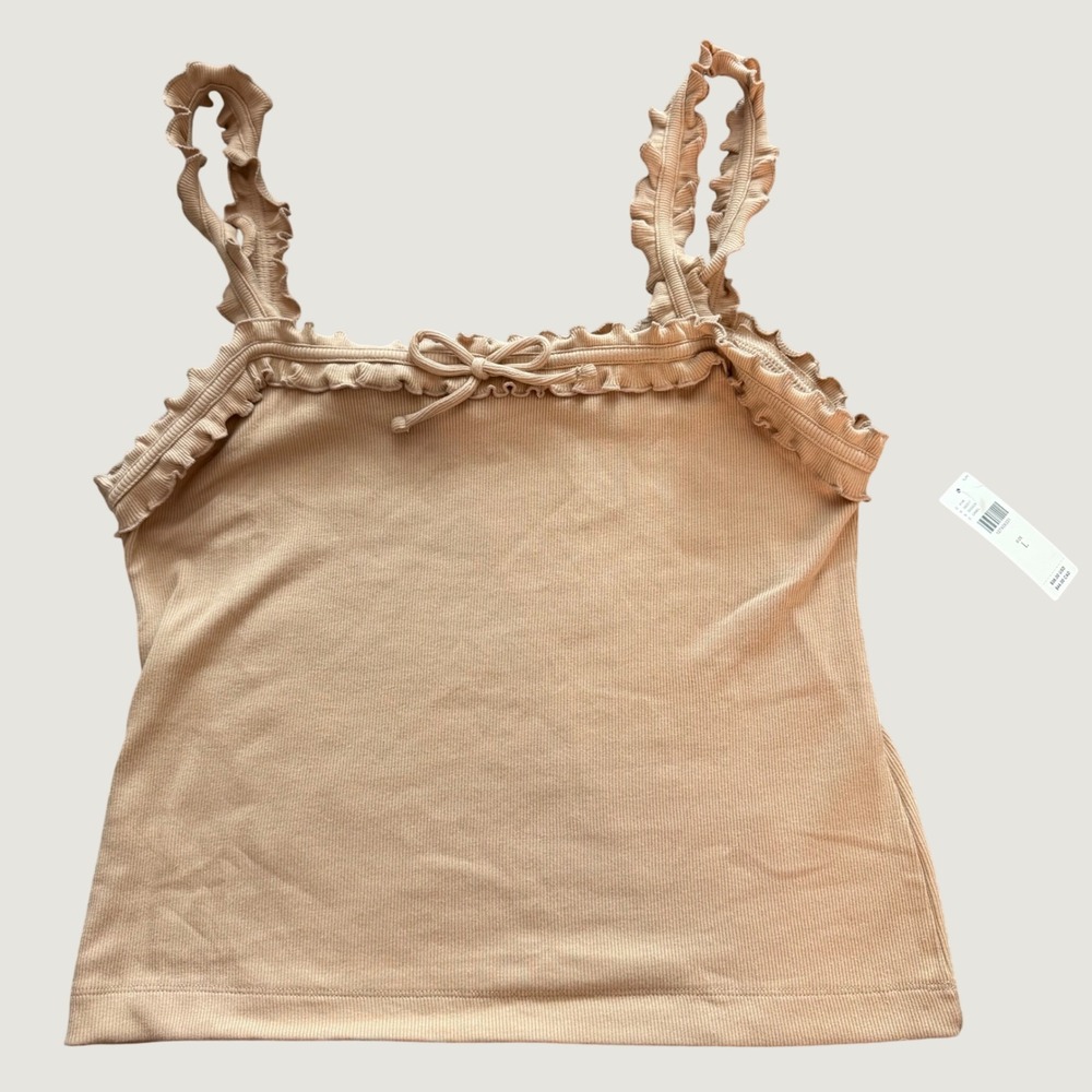 Maeve Anthropologie Tank Top Large Ruffle Trim Ribbed Knit Camel Brown NWT